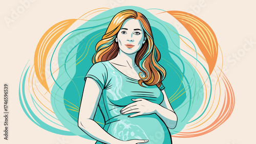 Very beautiful close-up portrait of a pregnant woman in continuous line drawing style, tenderly holding her belly with grace, symbolizing maternity, hope, love, and minimalist elegance in artistic 