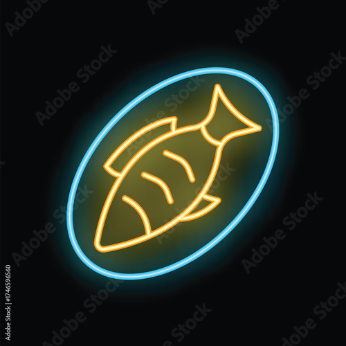Neon sign illuminating a grilled fish served on a plate, perfect for restaurant advertisements or seafood promotions