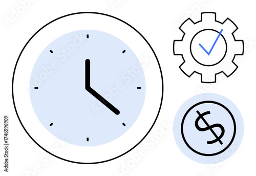 Clock symbolizing time, gear with checkmark for efficiency, and dollar sign for value. Ideal for productivity, scheduling, cost management, goal-setting, planning organization prioritizing. Simple