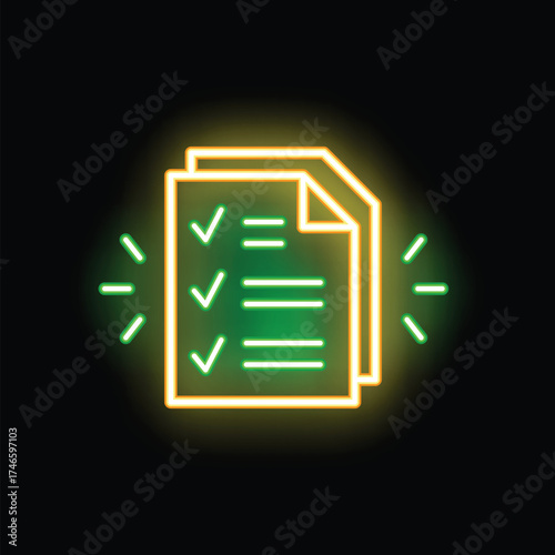 Glowing neon icon of documents with check marks indicating completed tasks