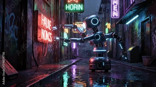 A futuristic robot stands in a dark, wet cyberpunk alleyway illuminated by vibrant neon signs.