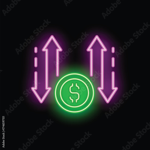 Neon sign illustrating the concept of market volatility with a dollar coin and luminous up and down arrows