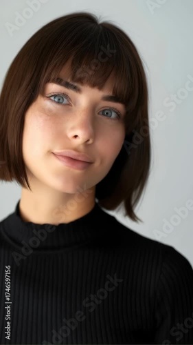 Wallpaper Mural Close-up portrait of a smiling person with a modern bob haircut, captured from a front-facing angle, ideal for a friendly introduction video. Live mobile wallpaper. Torontodigital.ca