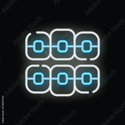 Neon sign representing teeth with braces glowing on black background