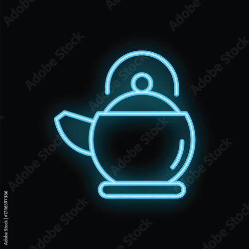 Blue neon sign depicting a classic teapot with lid, glowing on a black background, perfect for representing tea time or a cafe