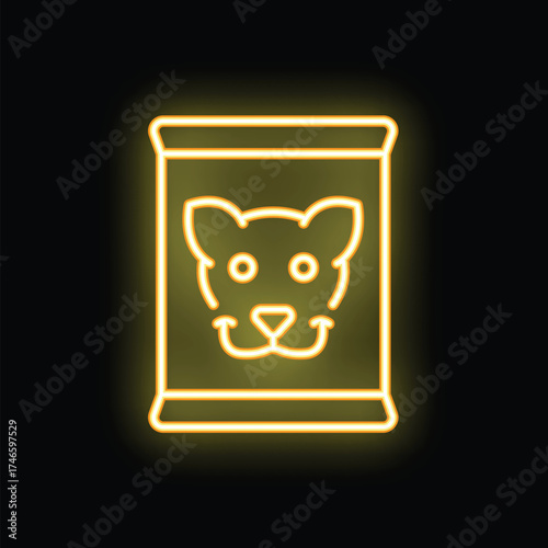 Yellow neon sign symbolizing a dog food bag is glowing on a black background