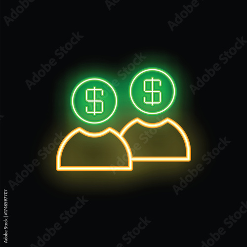 Neon icon of people thinking about money, wealth, and finances