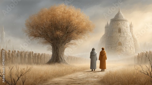 Two monks walking toward a castle under golden autumn tree