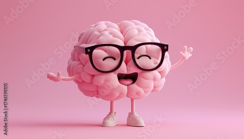 Cute 3D Brain Character with Glasses Waving on Purple Background