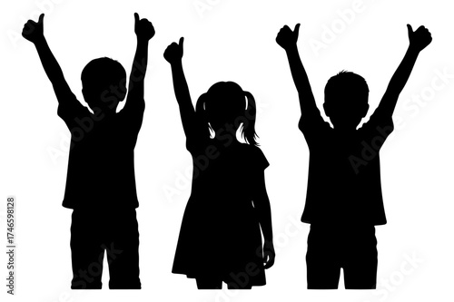 Silhouette of three happy children, two boys and a girl, with raised arms and thumbs up gesture.