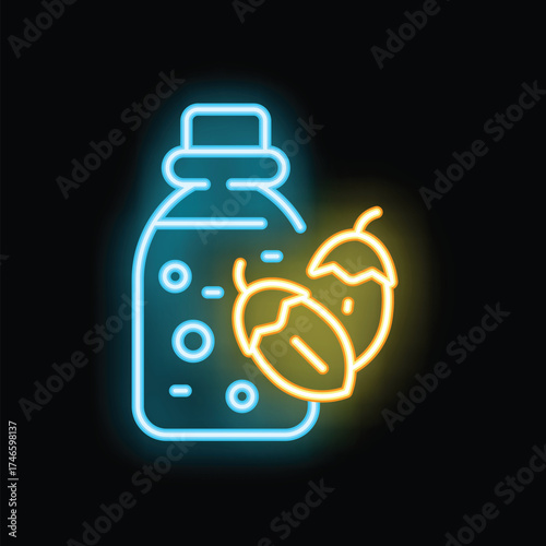 Neon icon of shea butter in a glass jar with nuts glowing on black background