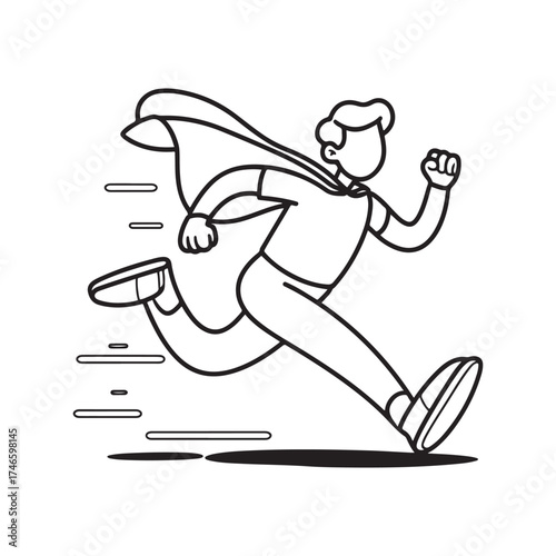 Fast Running Super Person Line Art Vector Illustration with Cape Showing Speed, Agility, and Quickness