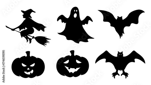 Halloween silhouette collection of a flying witch, spooky ghost, bats, and scary carved jack-o'-lantern pumpkin icons.