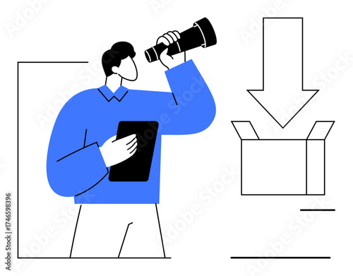 Man holding a tablet and looking through a telescope at an open box with downward arrow. Ideal for exploration, discovery, shipping, strategy, innovation, goal setting, analytics. Simple flat