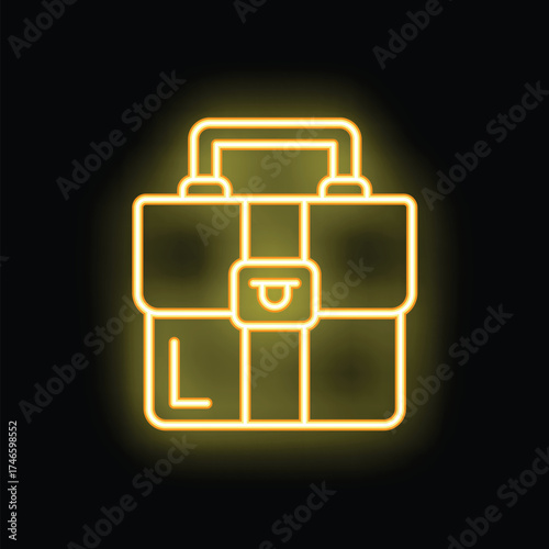 Yellow neon sign of a vintage suitcase shining on a black background, perfect for travel and tourism themes