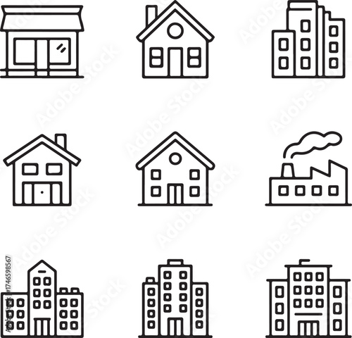 Collection of Building Icons Representing Diverse Architectural Structures in Black Outline.