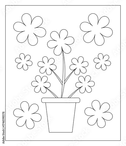 flower in a pot with surrounding flowers outline drawing for kids coloring book page
