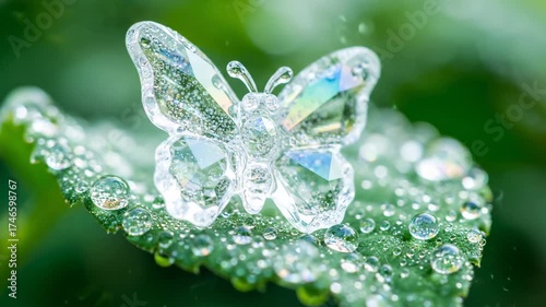 Crystal Butterfly Perched on Dew-Kissed Leaf, Reflecting Rainbow Hues in Macro Nature Scene