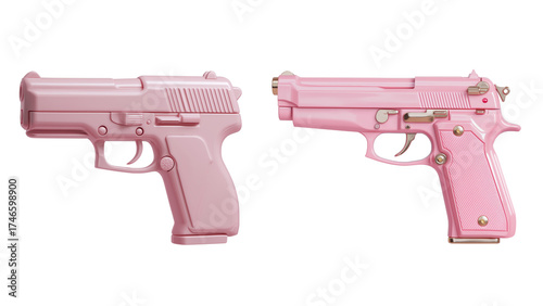 Two bright pink toy pistols or water guns isolated on a clean white background