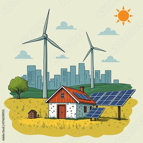 Illustration of drawing of a house and two wind turbines in a field