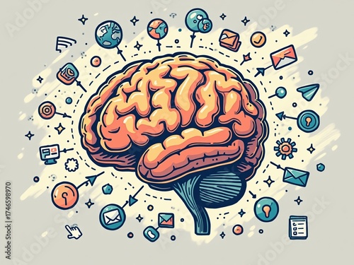 A brain with many different icons and symbols surrounding it