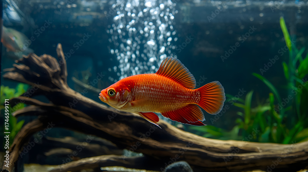 Fototapeta premium A vibrant orange fish swims in an aquarium with plants, driftwood, and rising bubbles.