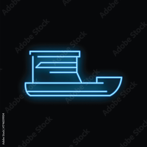 Neon sign of a barge boat sailing on a river at night, transporting goods