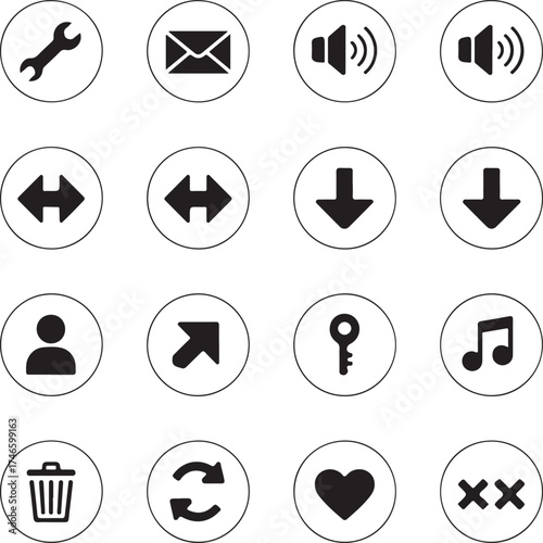 Set of simple icons in circles for user interface design.
