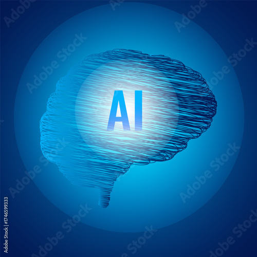 Artificial Intelligence Scribble Brain Illustration Digital AI Concept on Blue Background