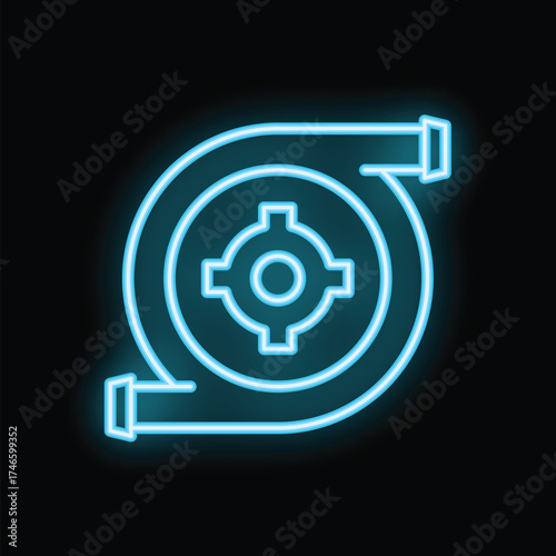 Neon blue turbocharger icon glowing in the dark, representing car tuning and high performance