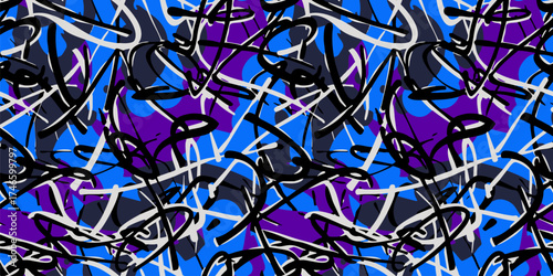 Graffiti seamless pattern. Urban art sport style texture with paint strokes, splashes, lines, tags. Abstract vector funky background. Repeating colorful design for kids, teens, boys, mens activewear