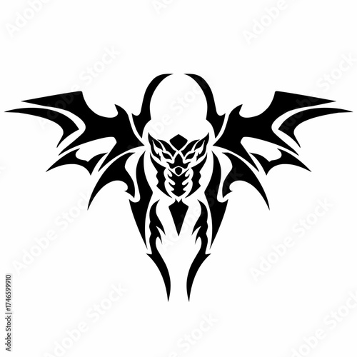Black tribal style illustration of a demonic figure with sharp wings and a fierce symmetrical design