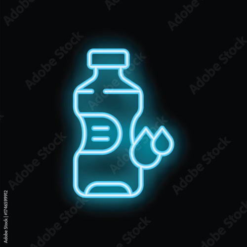 Blue neon sign depicting a plastic bottle with drops, evoking hydration and refreshment