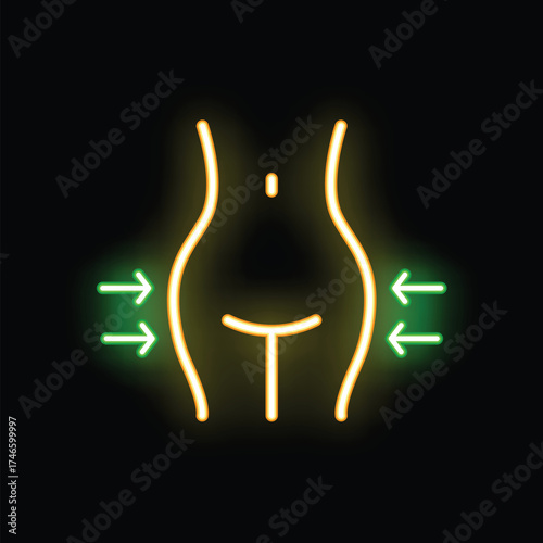 Neon sign representing weight loss progress with slim body shape and green arrows pointing at perfect hips