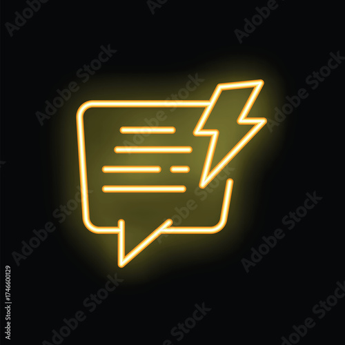Yellow neon icon of a chat bubble with a lightning bolt symbolizing fast message sending