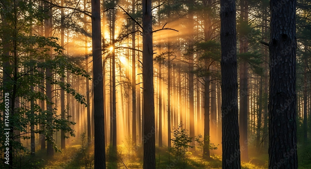 Obraz premium Sunlight streaming through a forest of tall trees