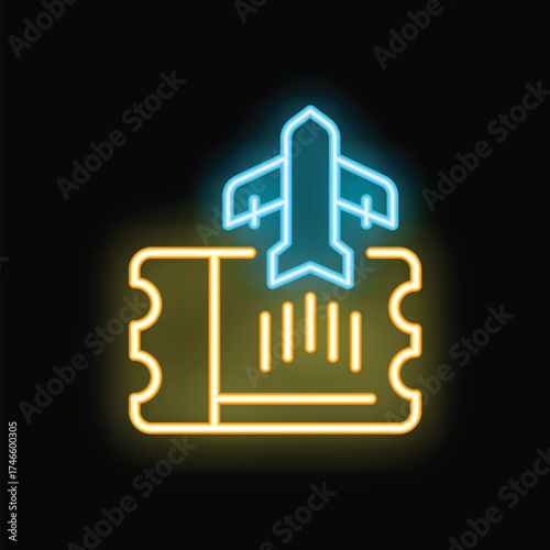Bright neon icon of an airplane taking off from an airline ticket representing the concept of air travel