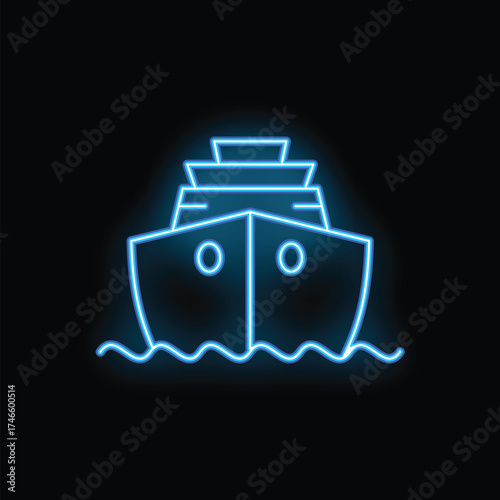 Neon blue cruise ship sailing on stylized waves at night, front view