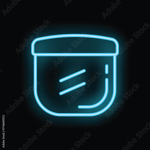 Bright turquoise neon sign depicting a jar of cosmetic cream glowing on a black background