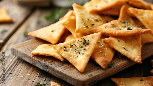 Delicious pita chips on wooden table closeup