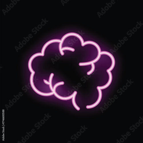 Glowing neon purple human brain icon is isolated on a black background