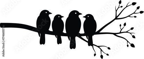 Silhouette illustration of four birds perched on a branch, isolated on white background, creating a simple and elegant natureinspired design element