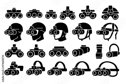 A collection of black and white illustrations showcasing various types of night vision goggles and related equipment, perfect for military, security, or technology-themed projects.