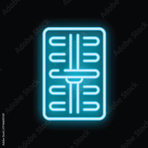 Blue neon icon of a mixing console glowing on a black background, representing music production
