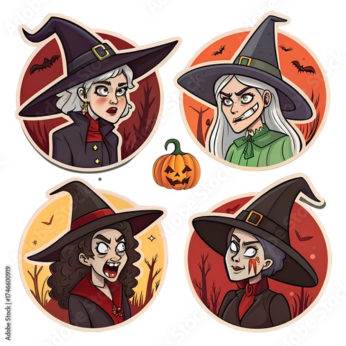 Cartoon Halloween Witches Sticker Set with Pumpkin and Bats