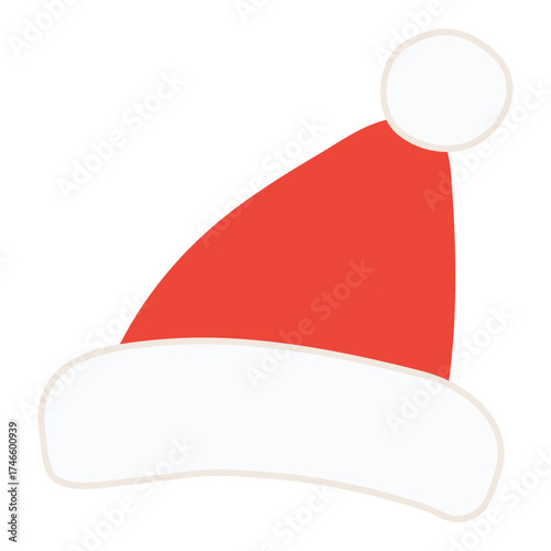 Santa Claus hat, Christmas accessory isolated on transparent. Hand drawn flat vector illustration. Traditional holiday, Xmas, New Year, seasonal design element, clip art