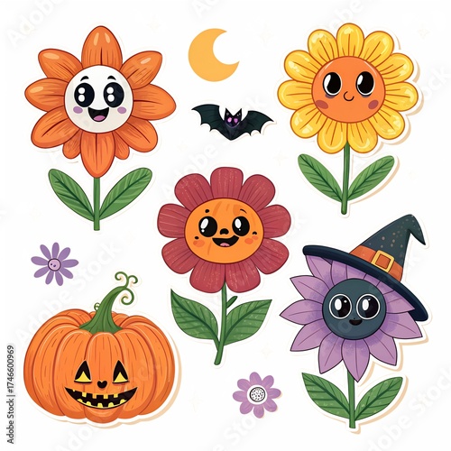 Vector Set of Five Spooky Floral Halloween Stickers with Scary Flowers and Skulls