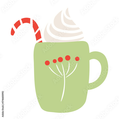 Mug with hot drink, whipped cream, sugar cane isolated on transparent. Hand drawn flat vector illustration. Traditional holiday food, sweets, Christmas, New Year, seasonal design element, clip art