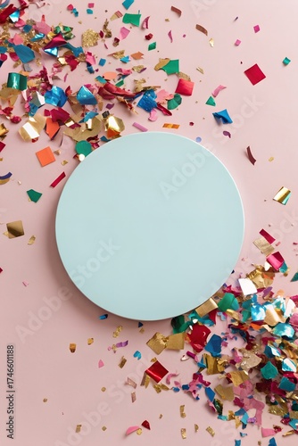 Colorful confetti frames a light blue circle on a pink background, ideal for invitations and special occasion announcements