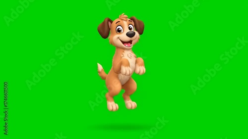 Cute Animated Cartoon Dog Joyfully Bouncing and Dancing on Green Screen